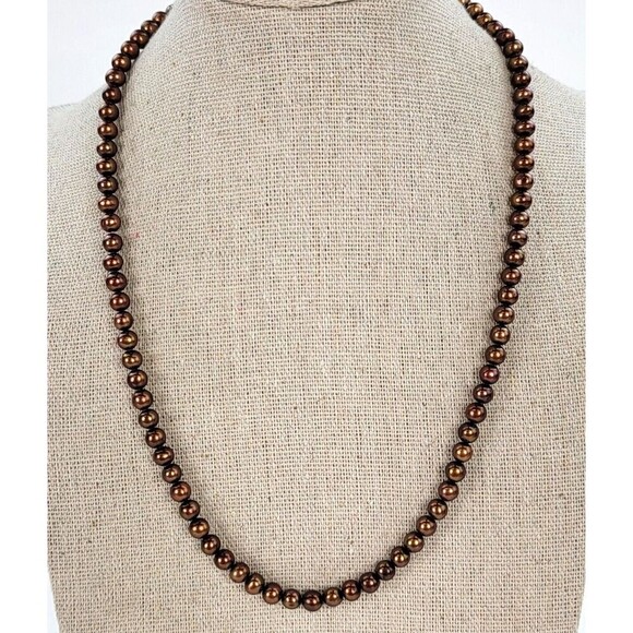 Copper Gold Pearl Beaded Necklace 18" Sterling Silver Clasp 4.8mm Chocolate